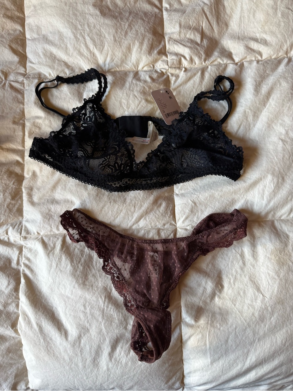 FP Lace Bralette and Lace Thong Set - Black Bralette, Deep Plum Thong